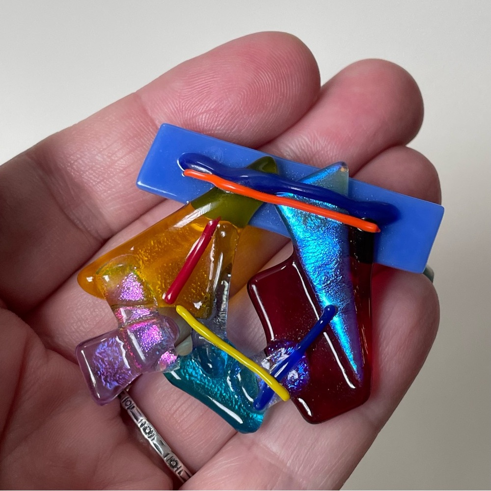 Signed vintage colorful fused art glass brooch ‘80s ‘90s - Picture 9 of 12